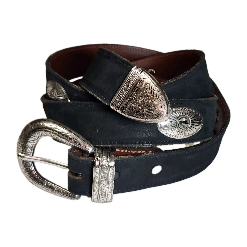 Texas Leather Mfg Belt Size 42 Black Leather Silver Tone Concho Western Cowboy